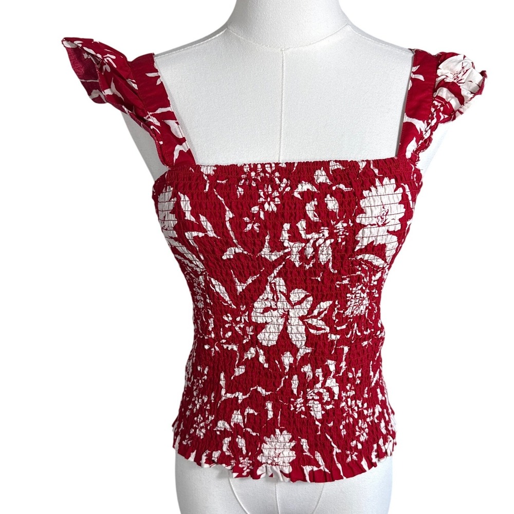 Old Navy Womens Small Red White Floral Smocked Ruffle Strap Tank Top Blouse